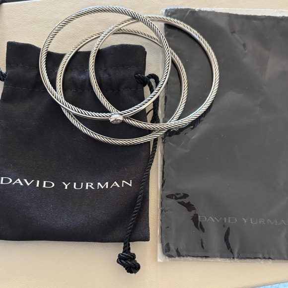 David Yurman Sterling Silver Confetti Diamond Cable Bangle Set - Picture 4 of 9